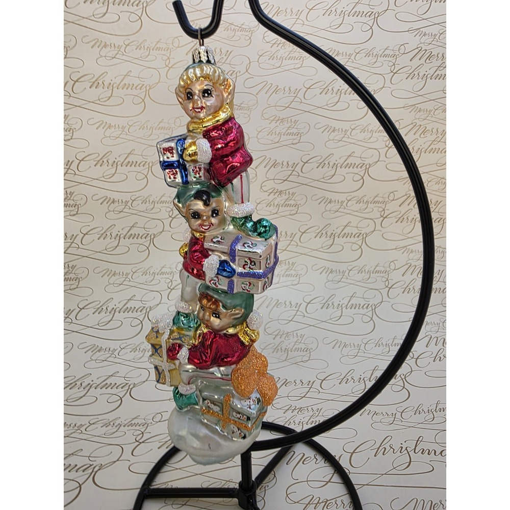 Christopher Radko Wishes By A Stack Em 1010609 Elf Gift Glass Ornament 8" Poland